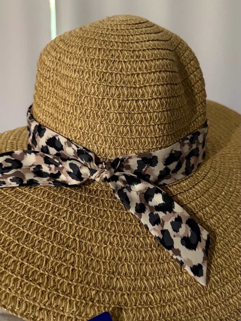 Women's Wide-Brim Straw Sun Hat with Leopard Print Scarf - Tan